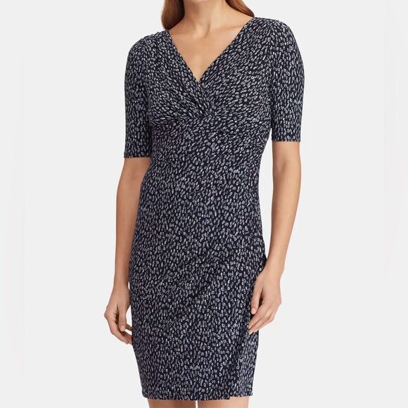 Lauren Ralph Lauren Ruched Dress Navy Printed Matte Jersey Knit Sz 6P Office - Picture 11 of 12